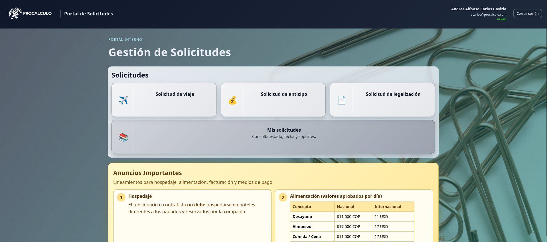Vista del sistema Solicitudes Web